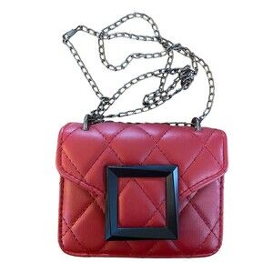 Micro Faux Quilted Red Leather Crossbody Chain Strap Black Faux Buckle